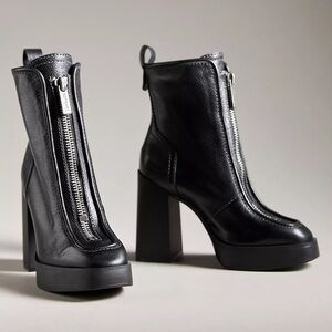 Larroude Black Leather Front-Zip Block Heel Ankle Boots